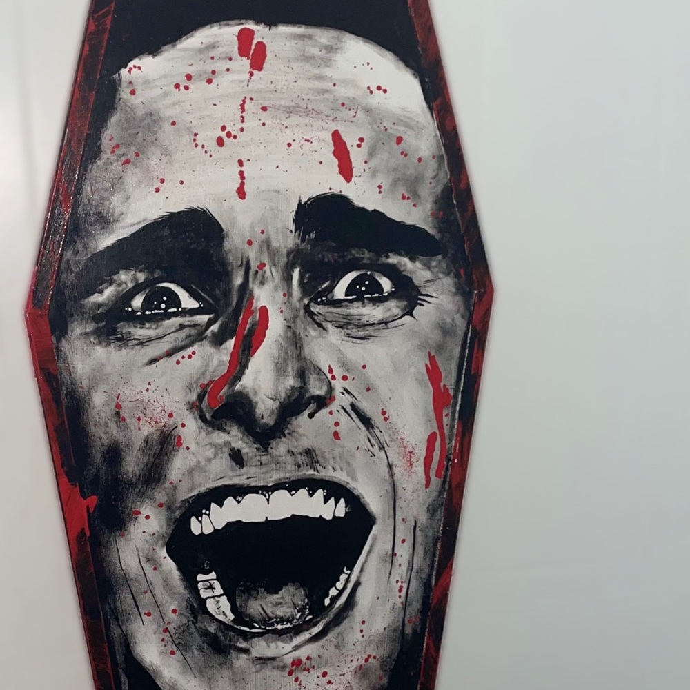 American Psycho Christian Bale Horror Portrait on Coffin-Shaped Wood